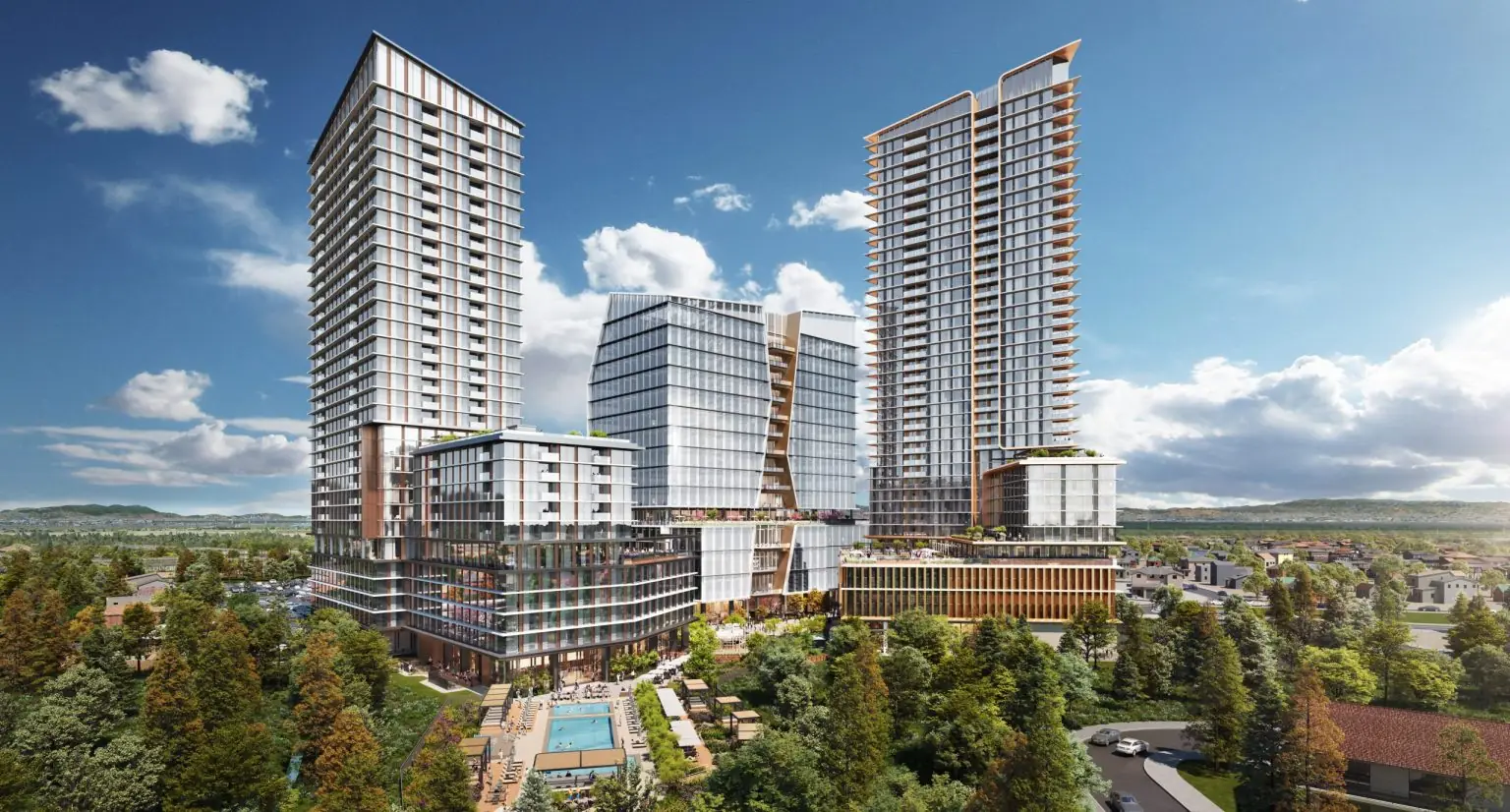 A rendering of the proposed Willow Park towers at 80 Willow Road: two residential high-rises and an office building rising above the trees on the old Sunset Magazine campus.