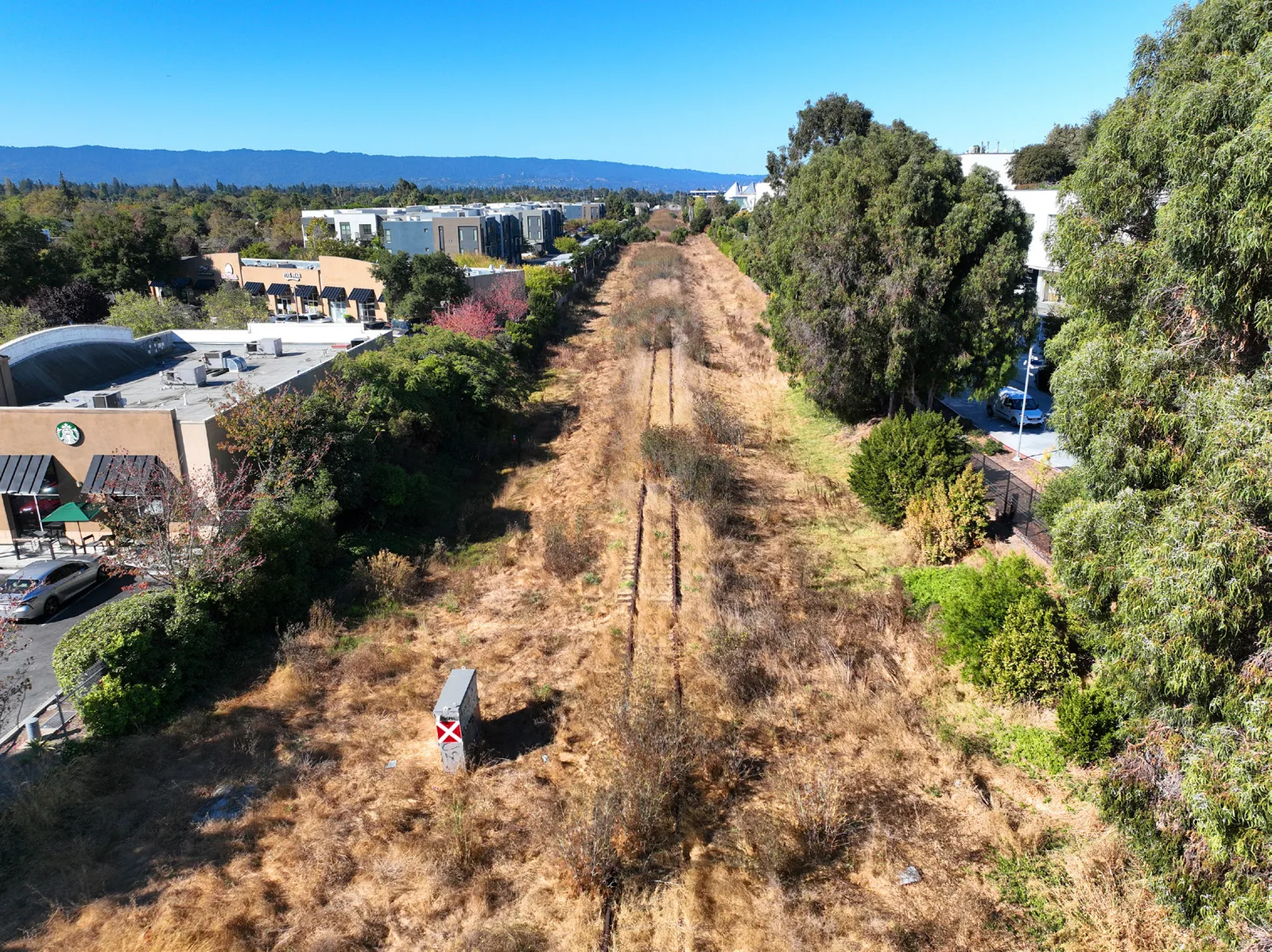 The Dumbarton corridor as it is today: a disused single railway track running between dry grass and overgrown brush, with a shopping centre on one side and offices behind trees on the other.