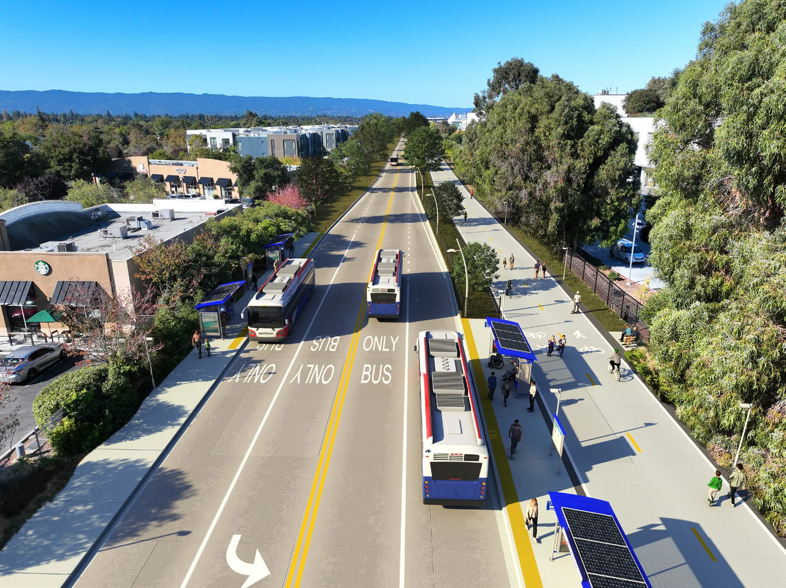 The same view as SamTrans proposes it: a paved busway with two lanes marked BUS ONLY, articulated buses at solar-canopied stations, and a separated path alongside where people are walking and cycling.