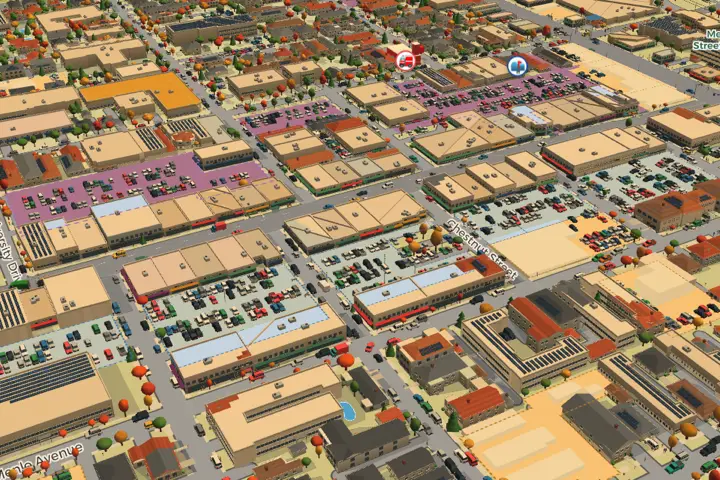 Downtown Menlo Park in 3D, its street trees in orange and red.
