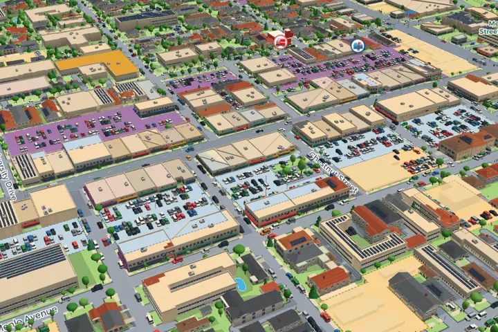 Downtown Menlo Park in 3D, with green trees, cars and buildings.