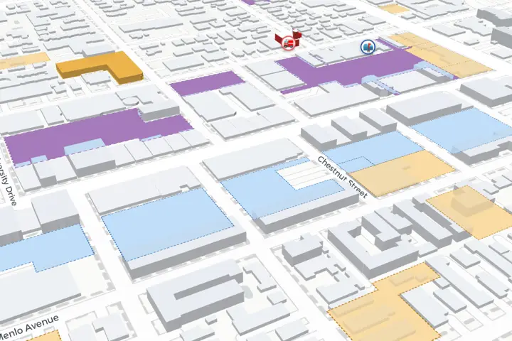 Downtown Menlo Park on the plain map: gray streets and buildings, the plan’s sites in color.