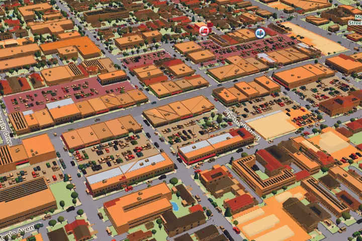 Downtown Menlo Park in 3D at sunset, in warm orange light.