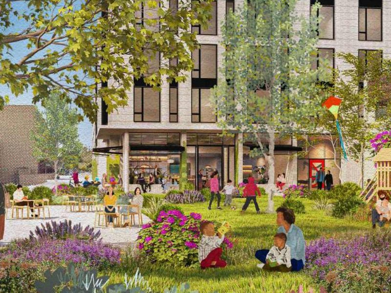 Rendering from Presidio Bay Ventures’ proposal: a new public park with a playground in front of an apartment building.