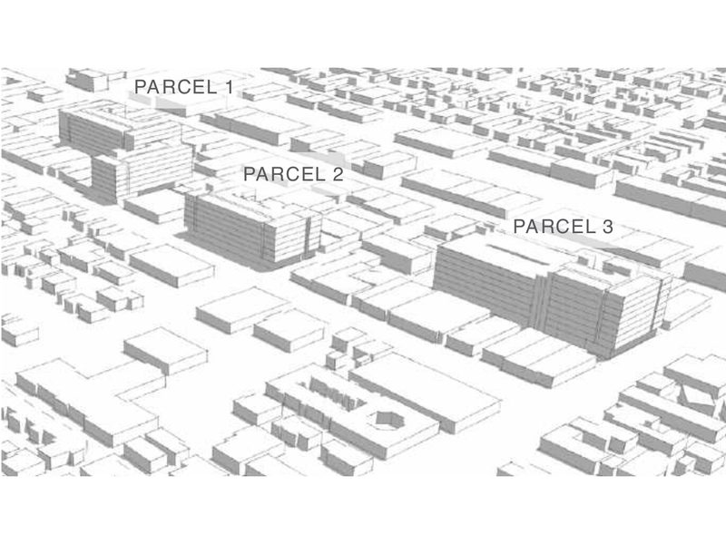 Massing drawing from Related California and Alta Housing’s proposal: an aerial view looking east that shows its buildings on Parcels 1, 2 and 3.